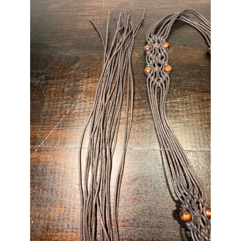 Boho Macrame Belt Brown Woven Cord Wood Beads Adjustable Tie String Tie Back - Picture 3 of 4